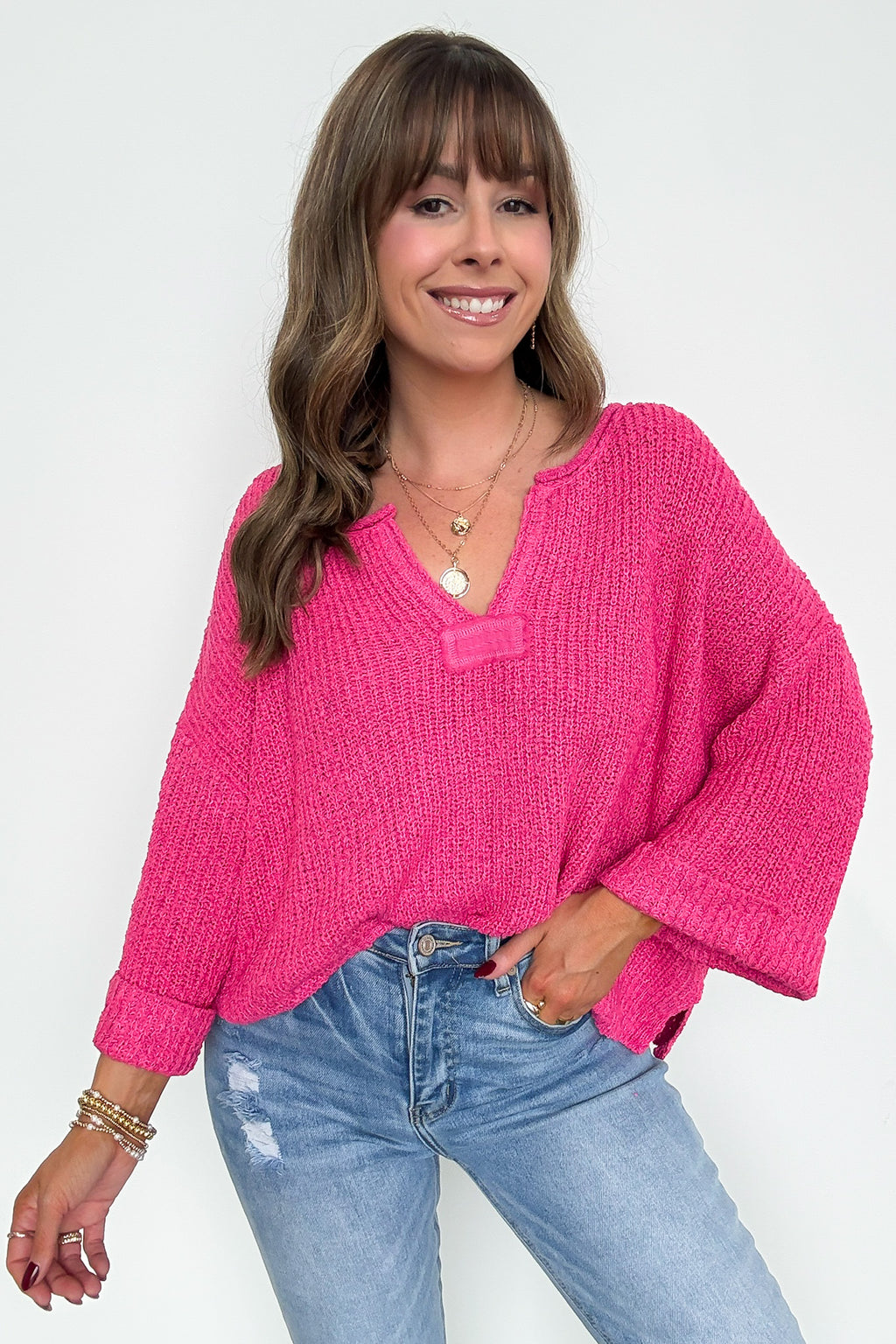 Leonie V-Neck Patch Knit Pullover - BACK IN STOCK - Madison and Mallory