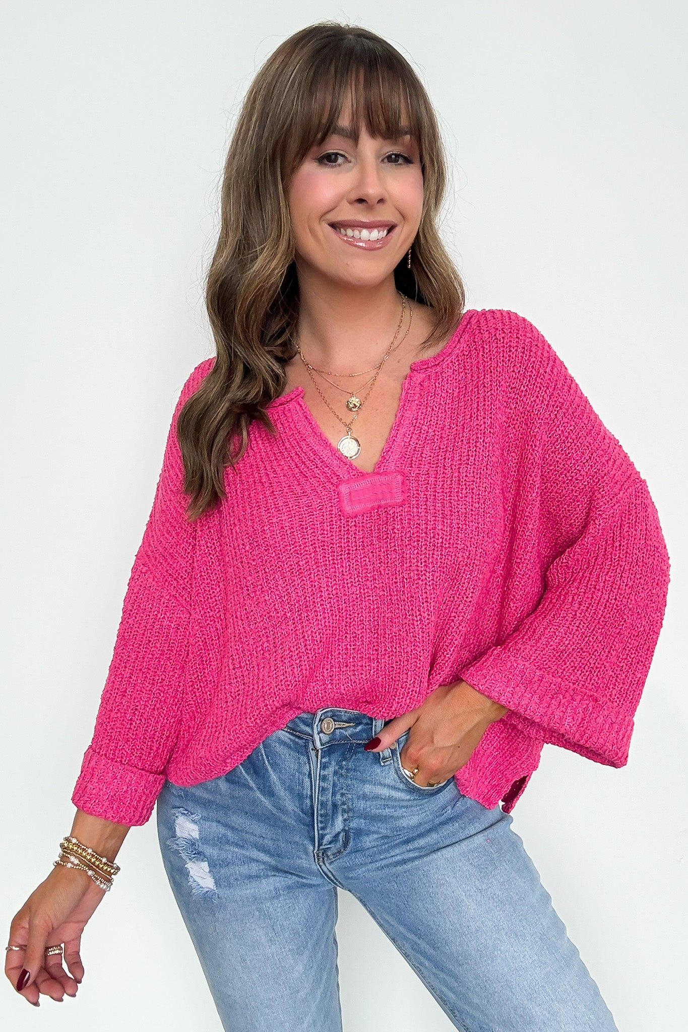Leonie V-Neck Patch Knit Pullover - BACK IN STOCK - Madison and Mallory