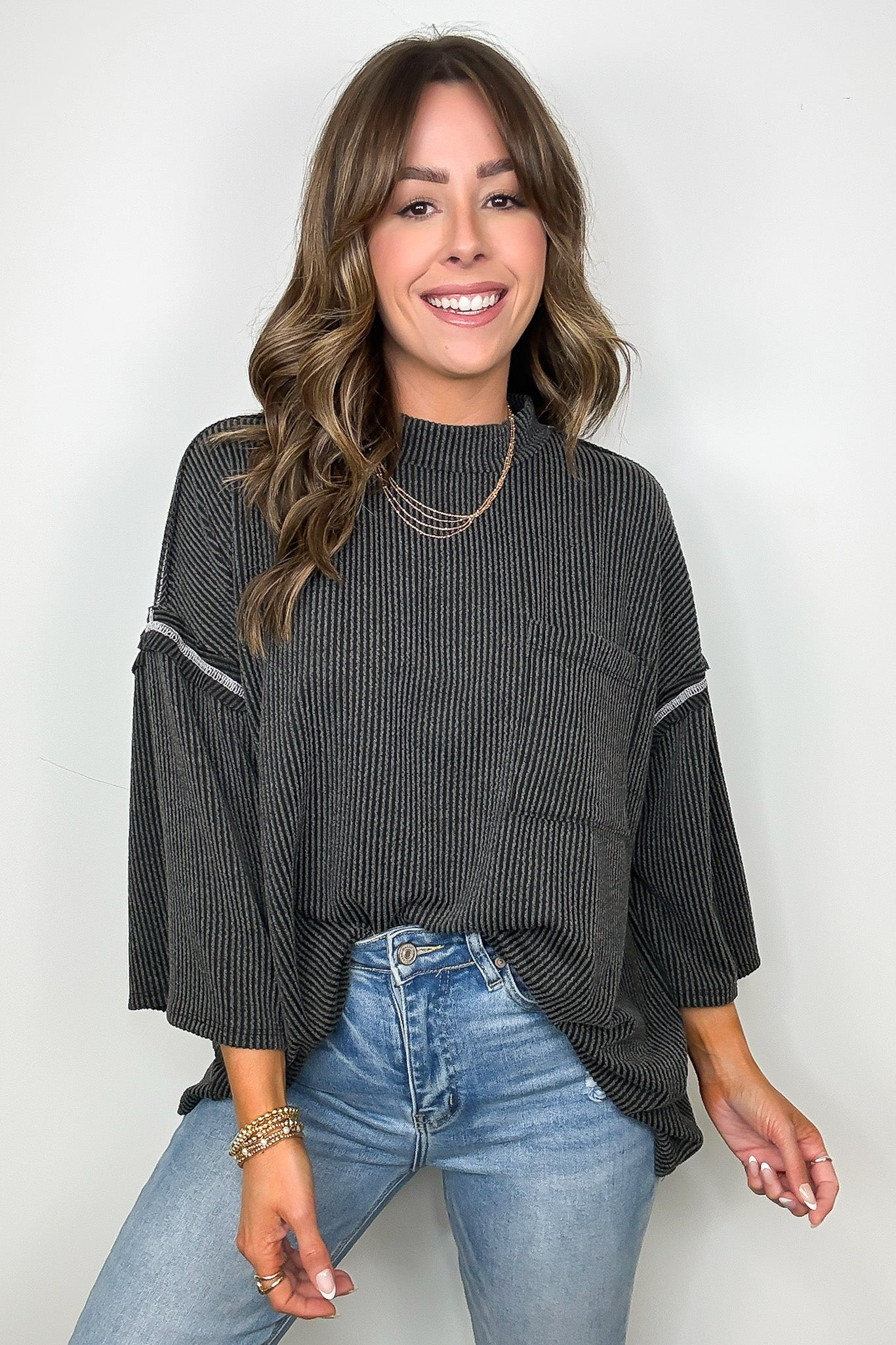 Charcoal / S Farrah Reverse Stitch Rib Knit Pocket Tee - Madison and Mallory