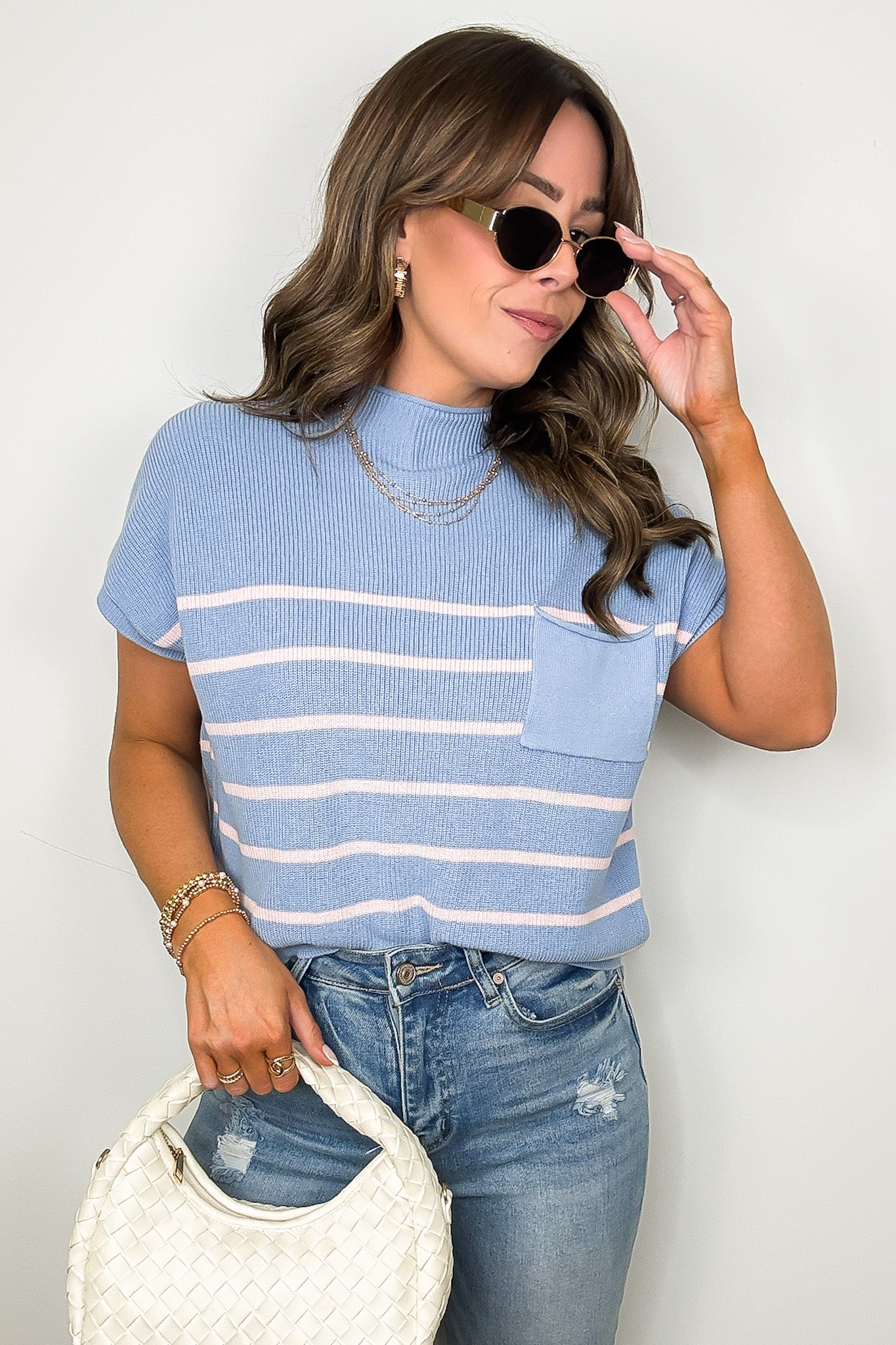 Blue/Pink / S Anika Short Sleeve Striped Knit Top - Madison and Mallory