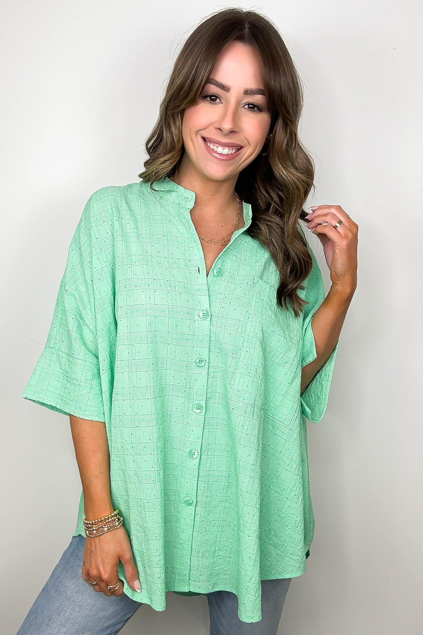 Crowd Pleaser Rhinestone Embellished Button Down Top - FINAL SALE - Madison and Mallory