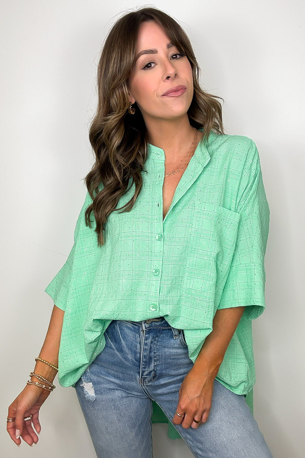 Green / S Crowd Pleaser Rhinestone Embellished Button Down Top - FINAL SALE - Madison and Mallory