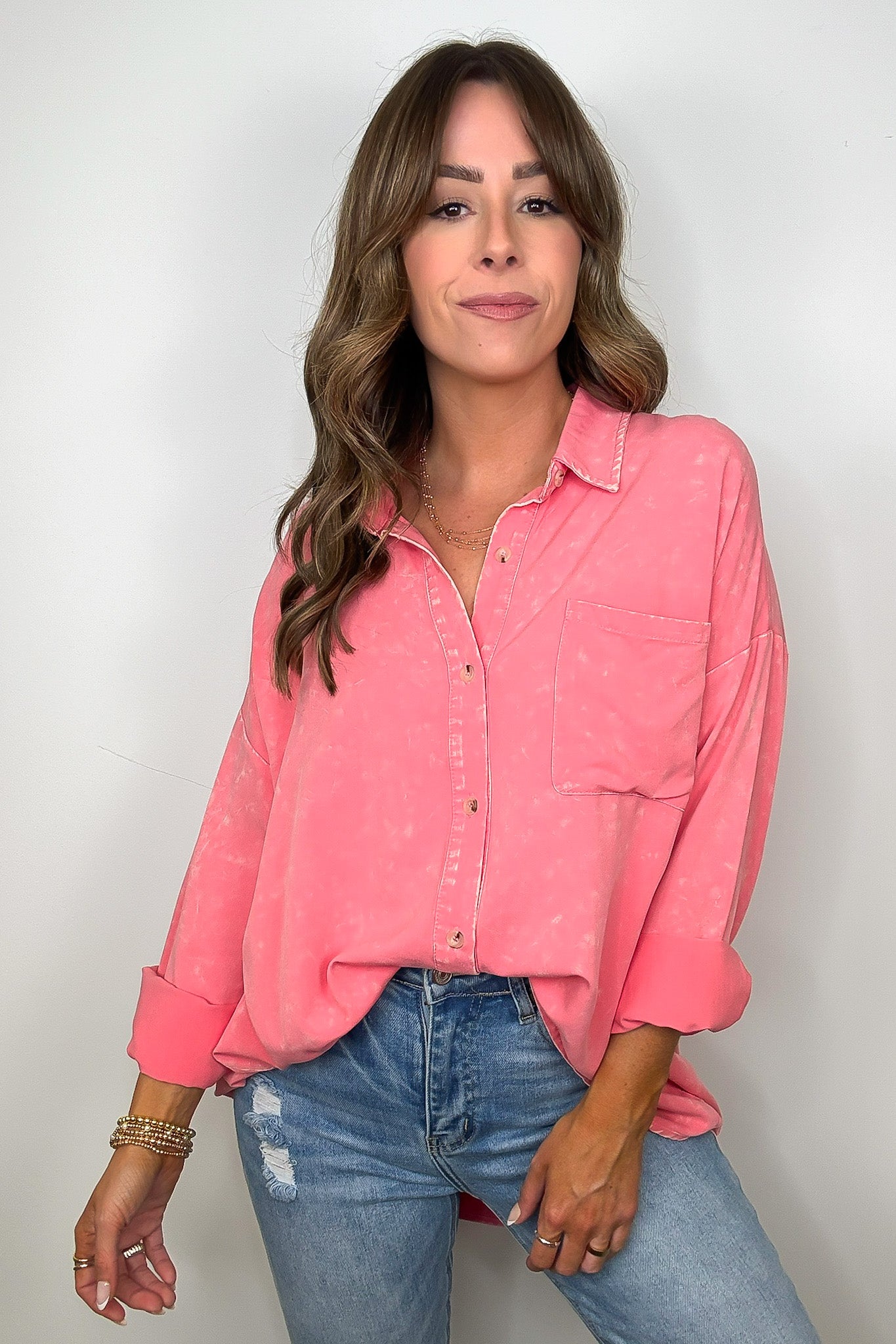 Pink / S Margot Mineral Wash Button Down Top - Madison and Mallory