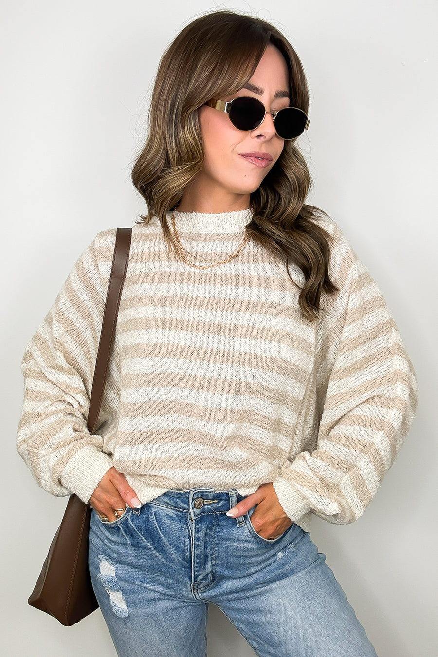 Taupe/Sand / S Salt Air Striped Batwing Sleeve Sweater - Madison and Mallory