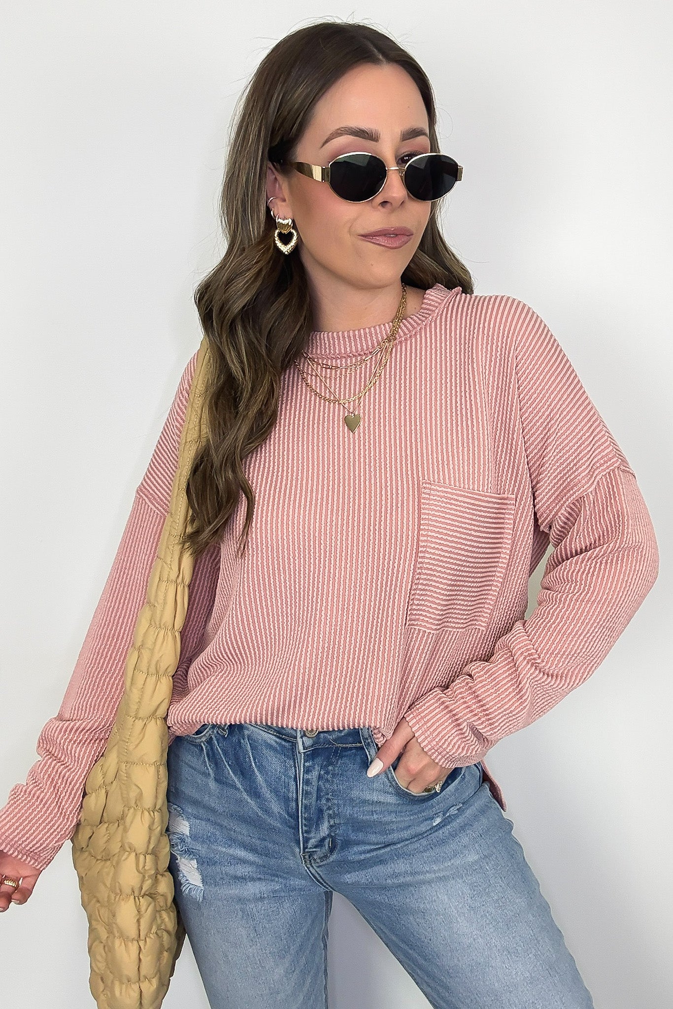 Light Rose / S Maryanna Rib Knit Pocket Top - Madison and Mallory