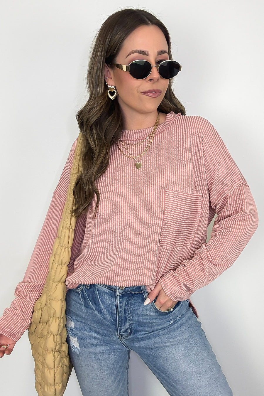 Light Rose / S Maryanna Rib Knit Pocket Top - Madison and Mallory