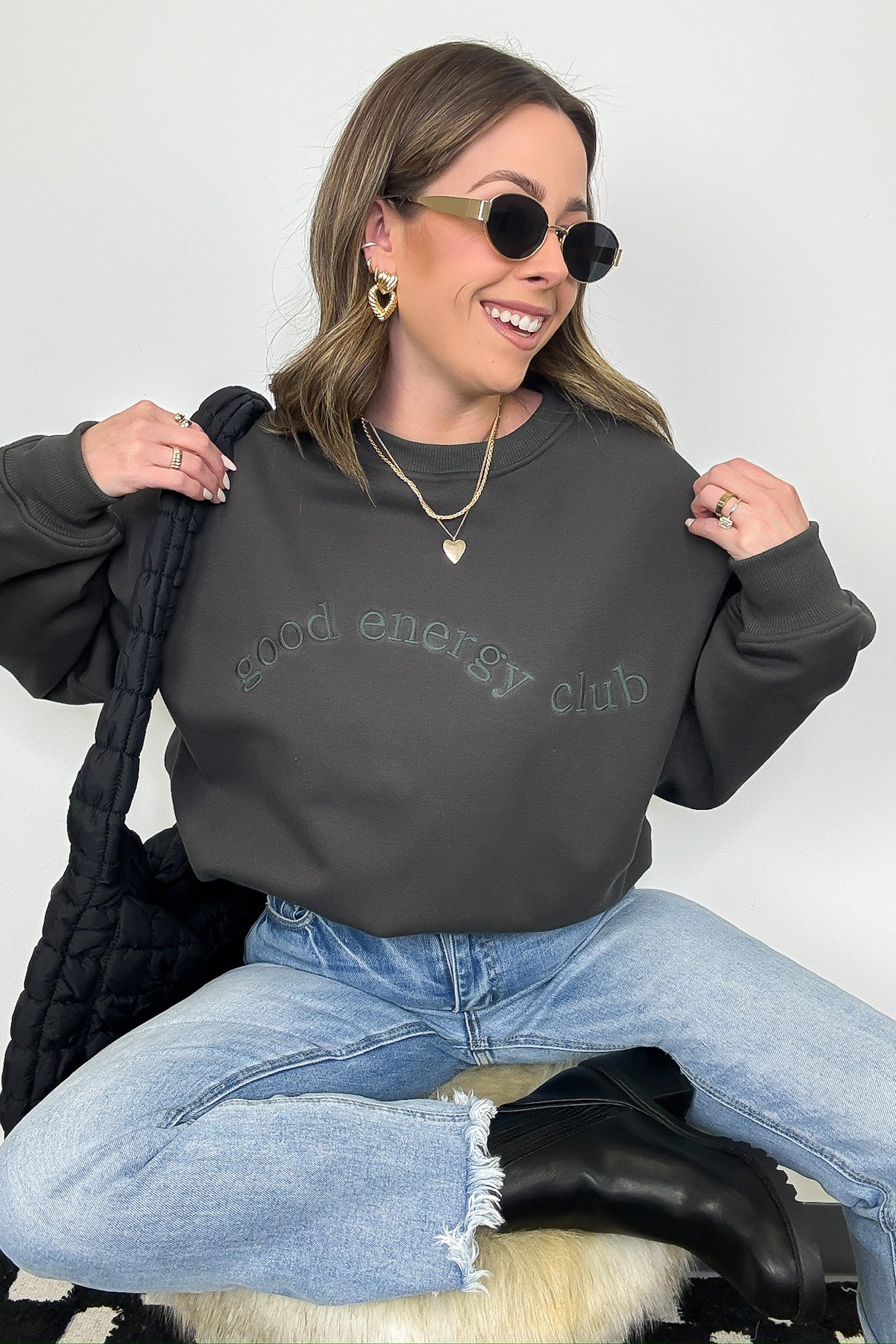 Charcoal / S Good Energy Club Embroidered Relaxed Fit Pullover - Madison and Mallory