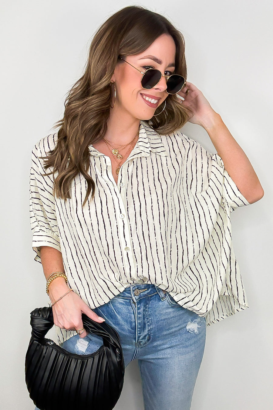 Ecru/Black / S Timeless Charm Flowy Blouse Top - FINAL SALE - Madison and Mallory