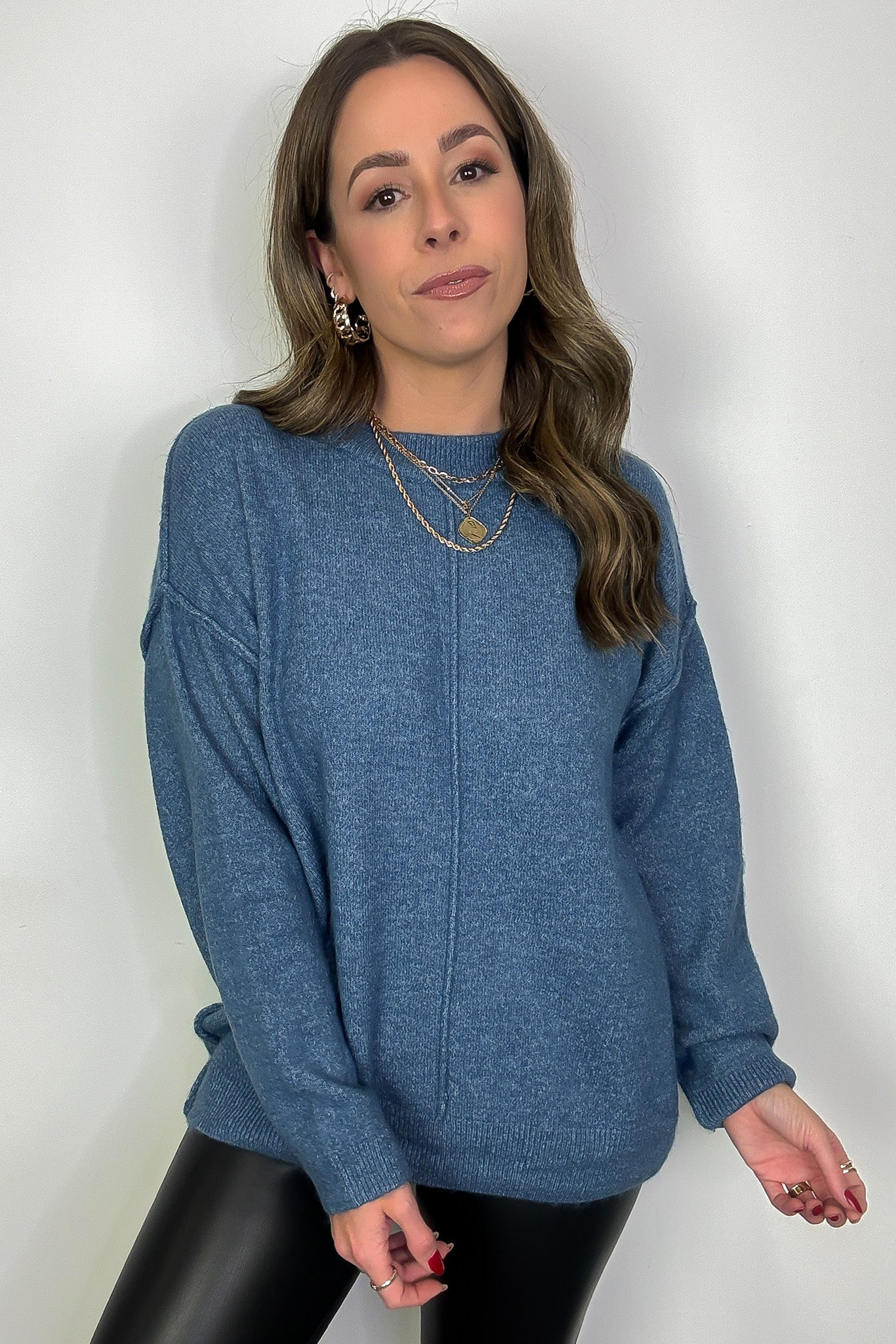 Dusty Blue / SM Comfort Code Front Seam Round Neck Sweater - BACK IN STOCK - Madison and Mallory