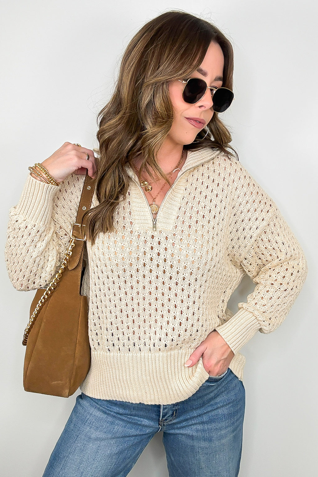 S / Ecru Megan Open Knit Quarter Zip Sweater - FINAL SALE - Madison and Mallory