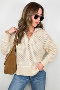 S / Ecru Megan Open Knit Quarter Zip Sweater - FINAL SALE - Madison and Mallory