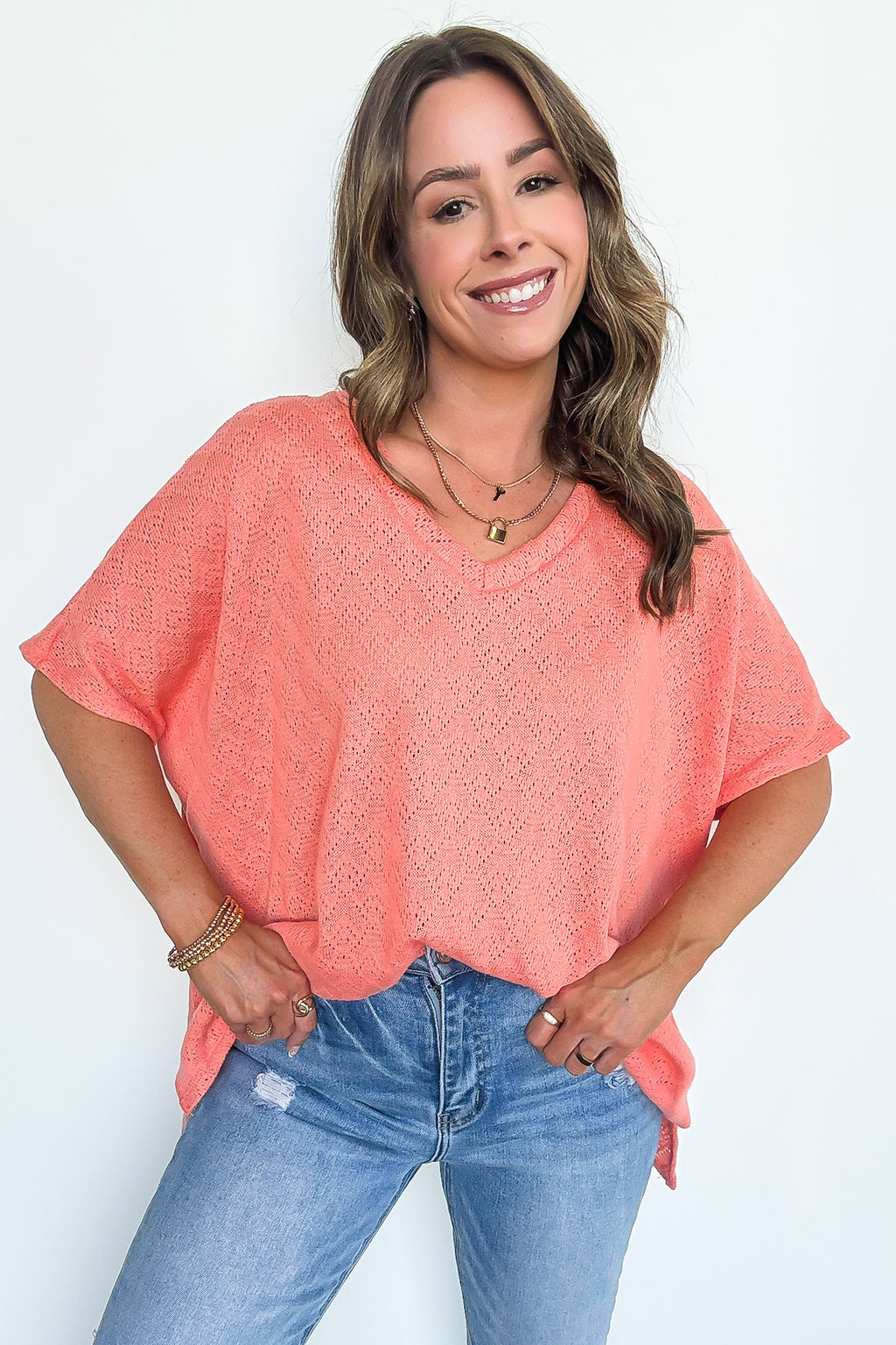 Coral / S Lanai V-Neck Crochet Top - BACK IN STOCK - Madison and Mallory