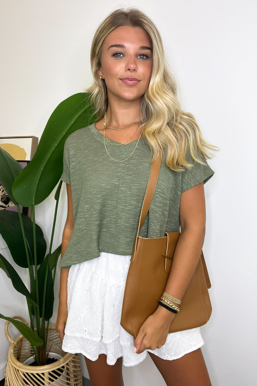Light Olive / S Dellah V-Neck Short Sleeve Top - FINAL SALE - Madison and Mallory
