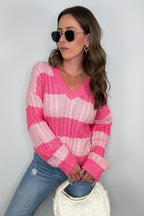 Pink / S Julia V-Neck Striped Cable Knit Sweater - FINAL SALE - Madison and Mallory