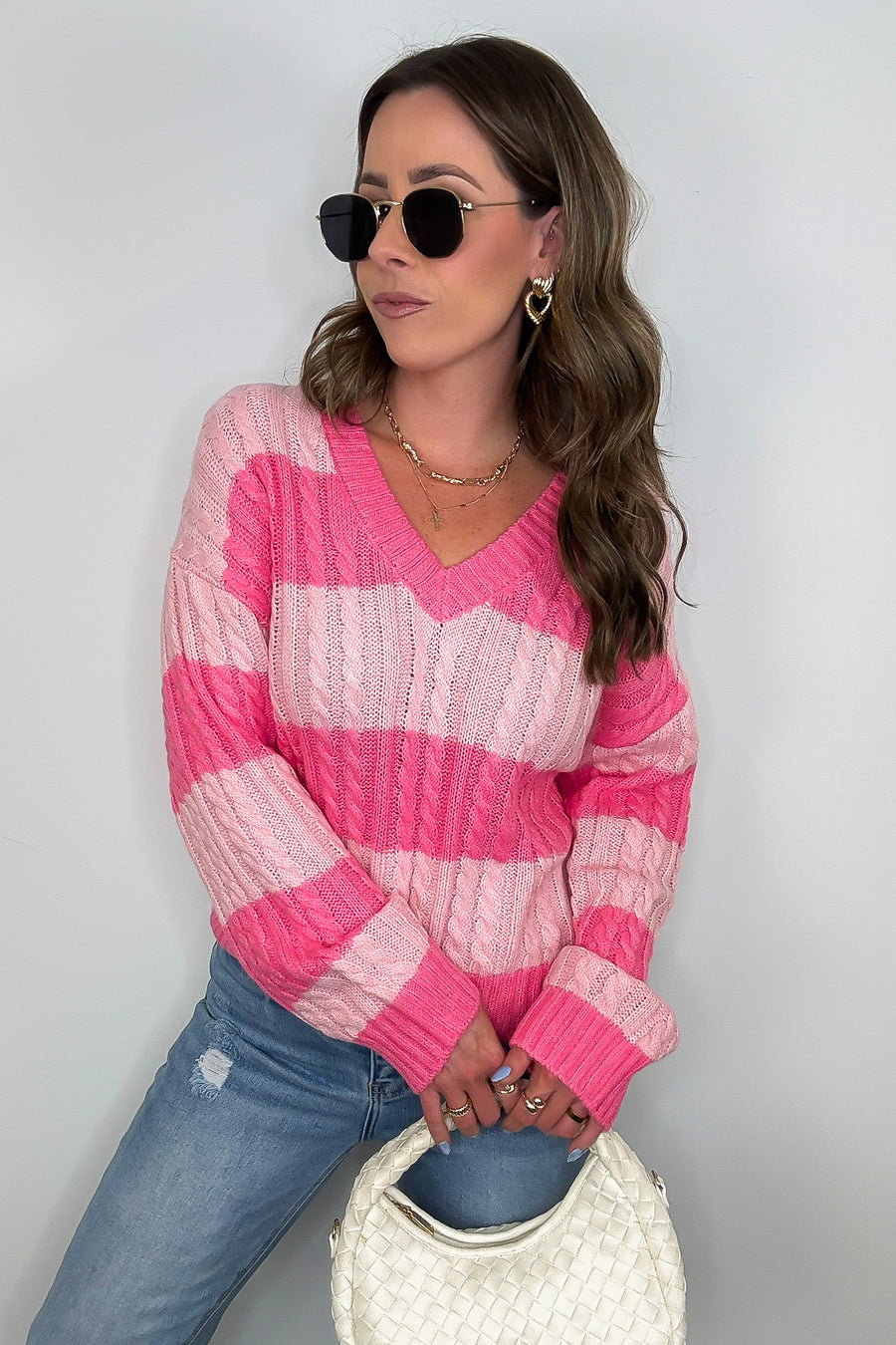 Pink / S Julia V-Neck Striped Cable Knit Sweater - Madison and Mallory