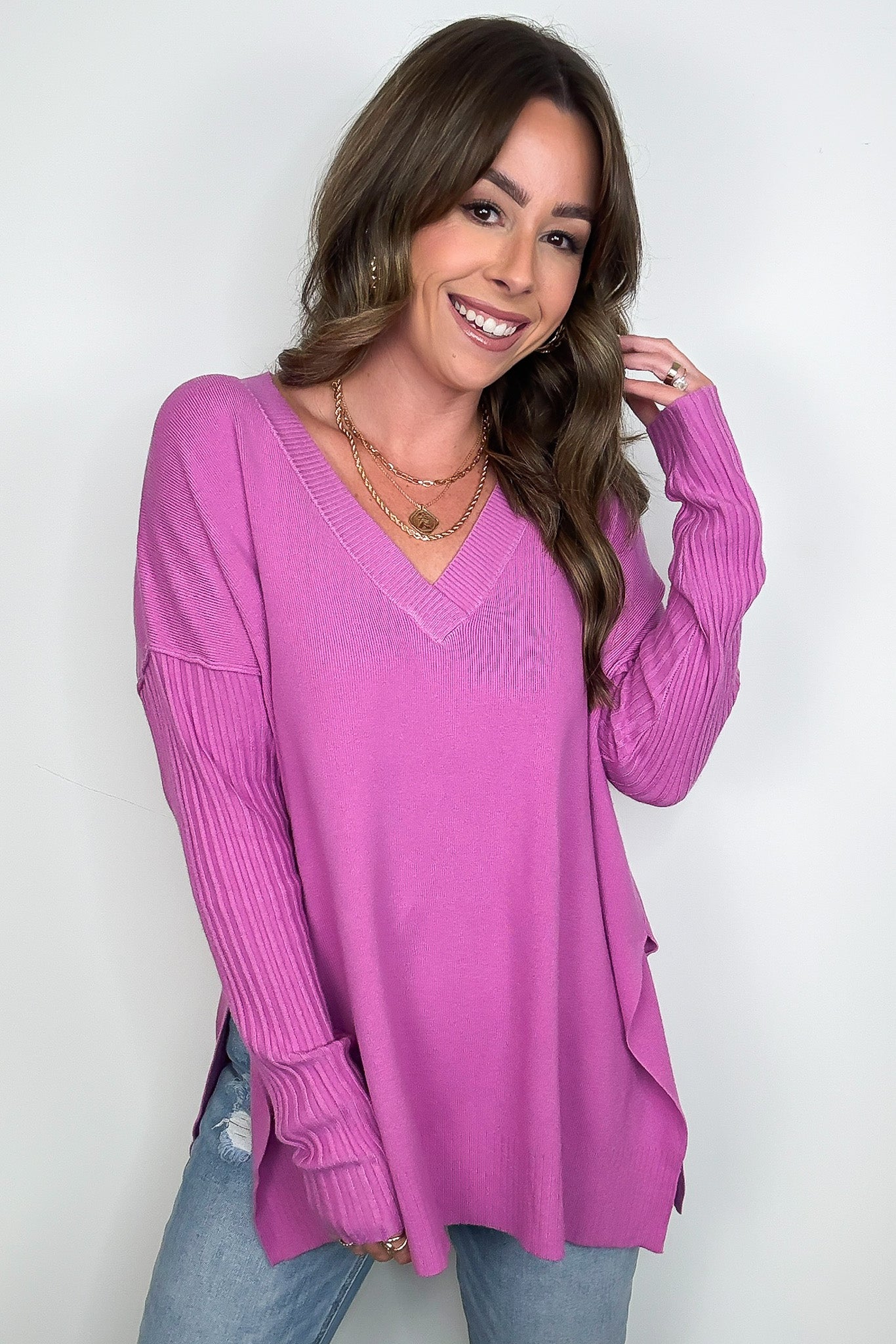 Sophie V-Neck Ribbed Hem Sweater - FINAL SALE - Madison and Mallory