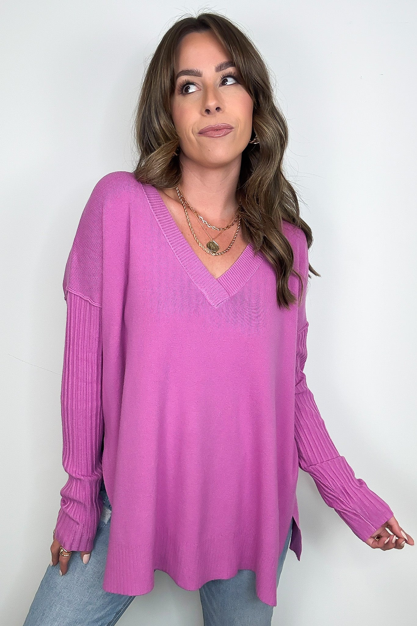 Sophie V-Neck Ribbed Hem Sweater - FINAL SALE - Madison and Mallory
