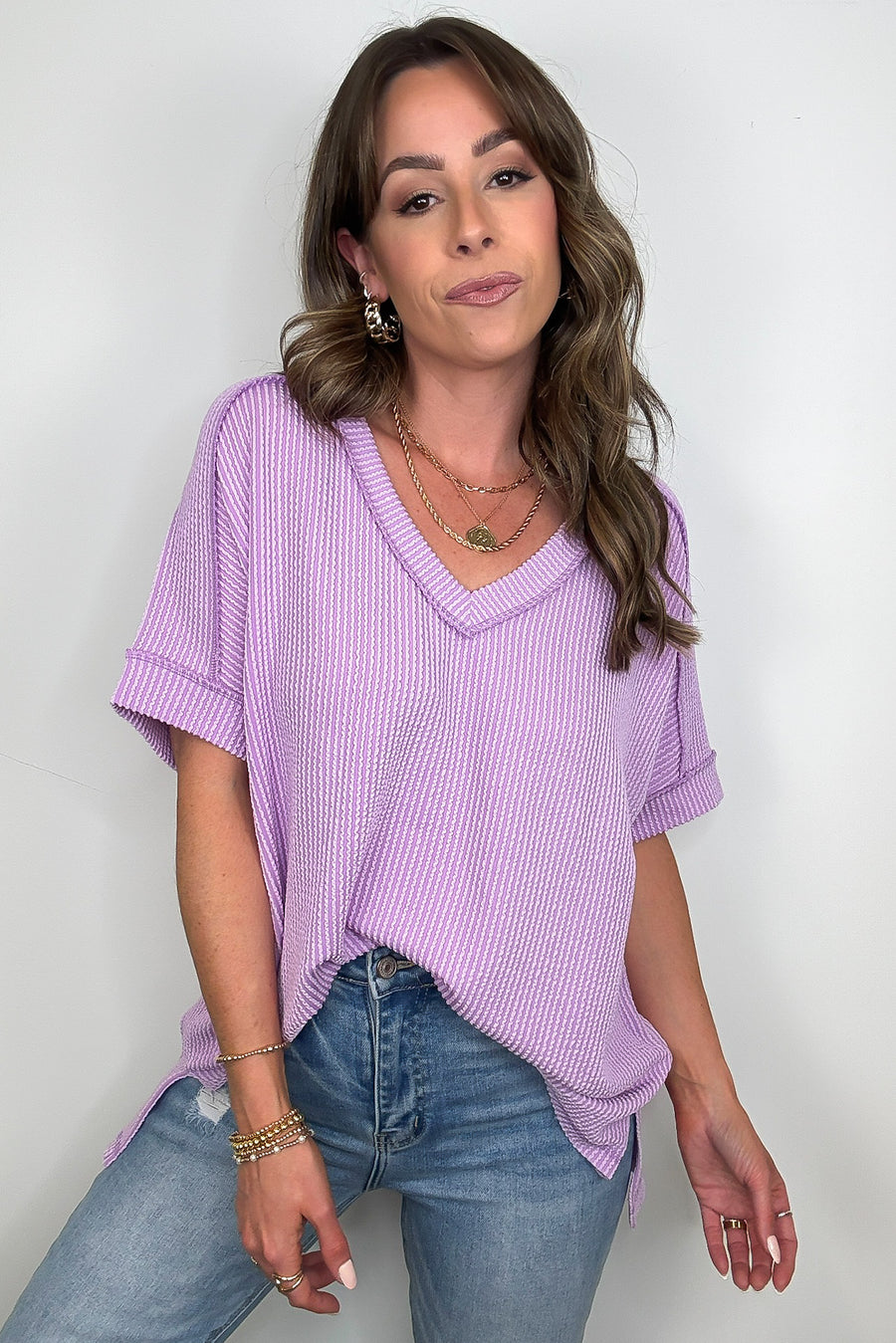 Lavender / SM Cora Rib Knit High Low V-Neck Top - BACK IN STOCK - Madison and Mallory