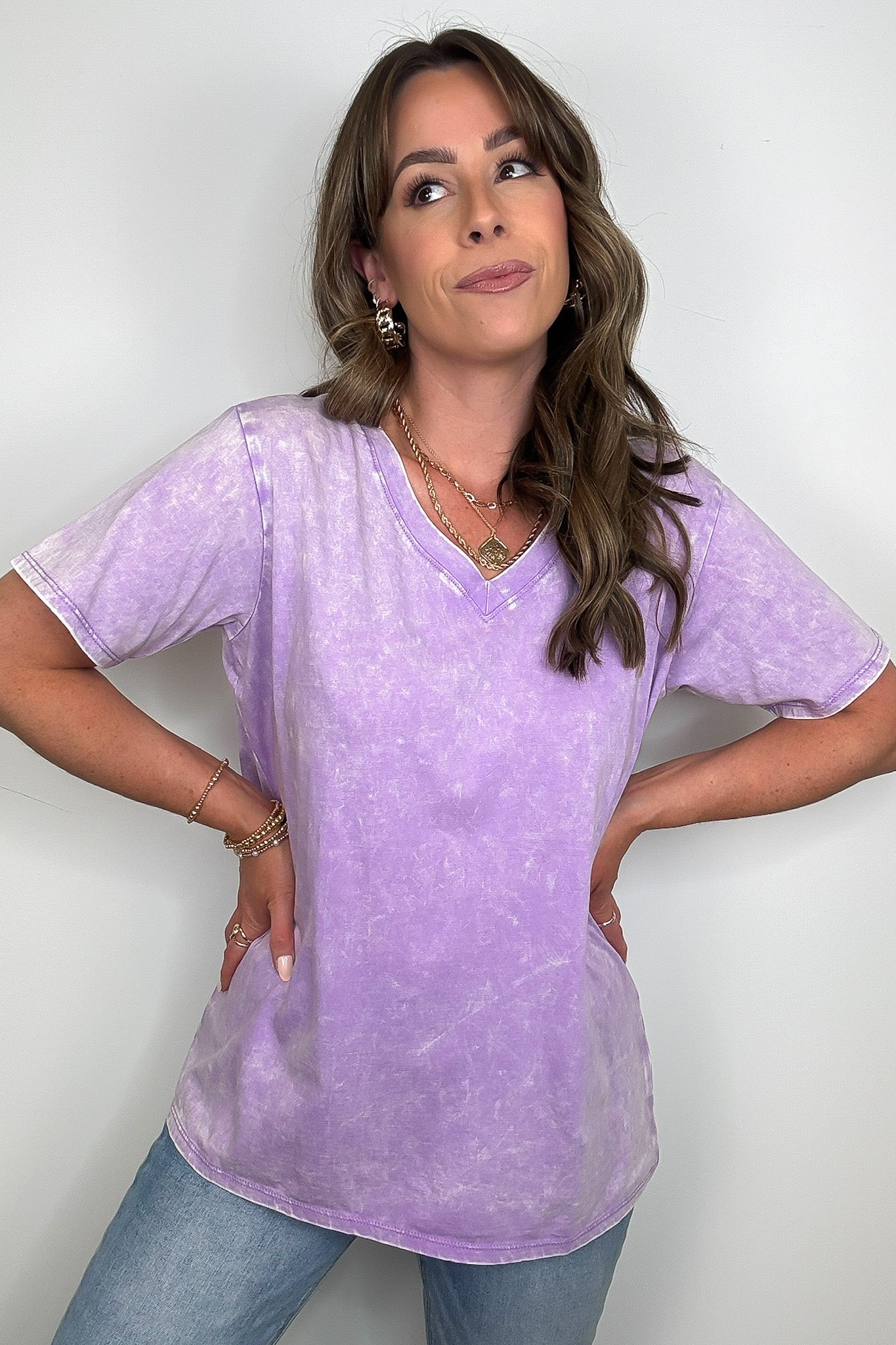 Soleil Acid Wash V-Neck Relaxed Fit Top - BACK IN STOCK
