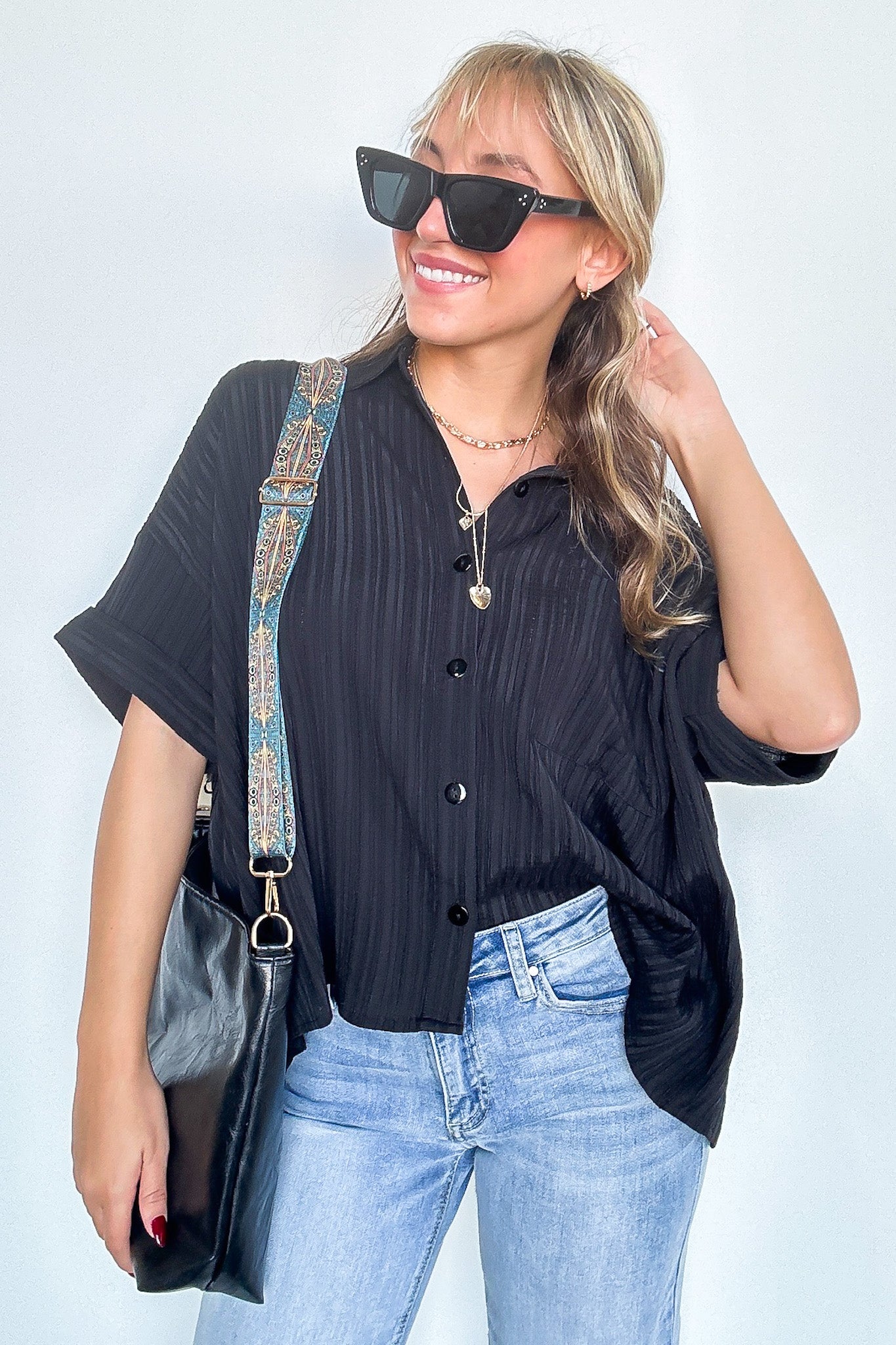 S / Black Danielle Short Sleeve Button Down Top - Madison and Mallory