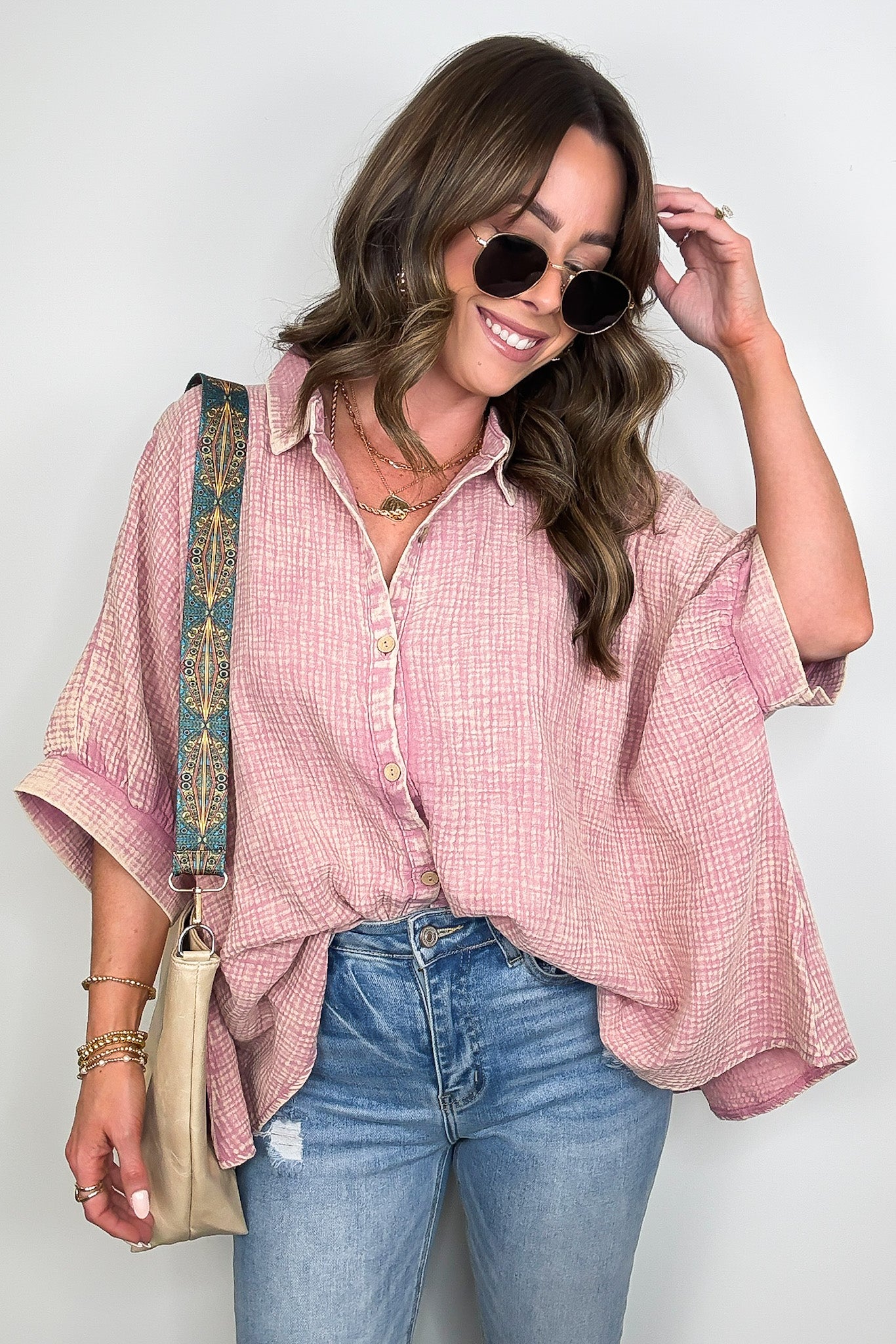 Light Rose / SM Carleen Washed Gauze Button Down Top - BACK IN STOCK - Madison and Mallory