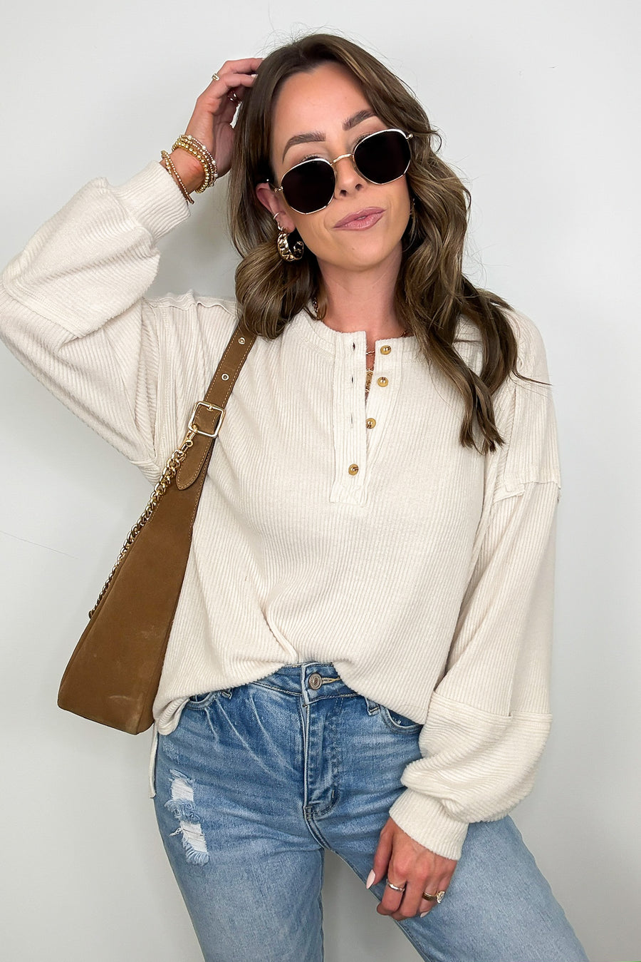 Sand Beige / SM Cozy Outcome Ribbed Henley Top - Madison and Mallory