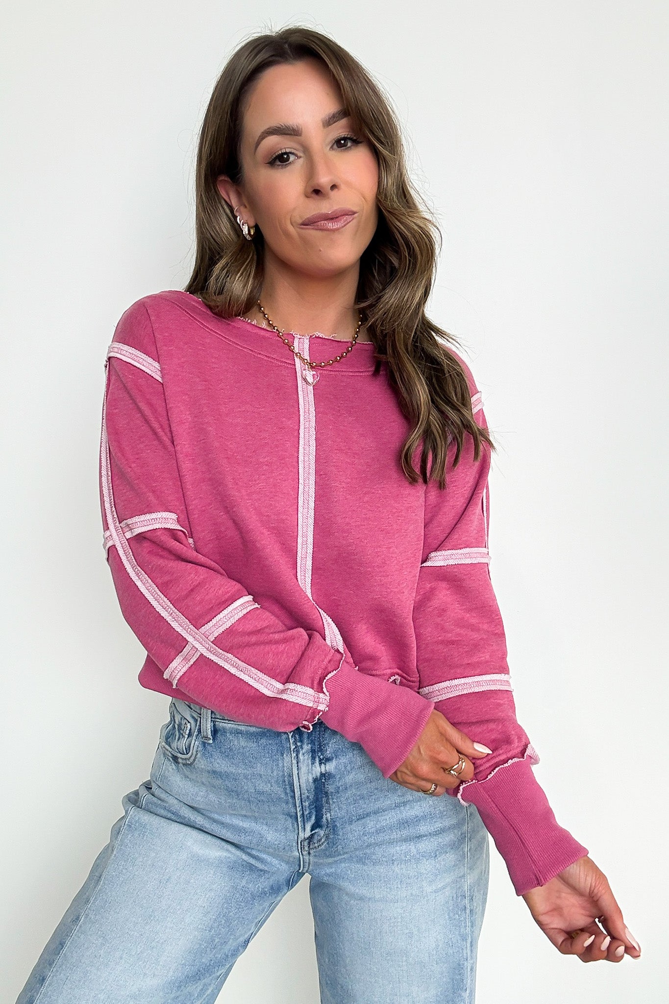 Pink / S Movie Marathon Contrast Seam Pullover - Madison and Mallory