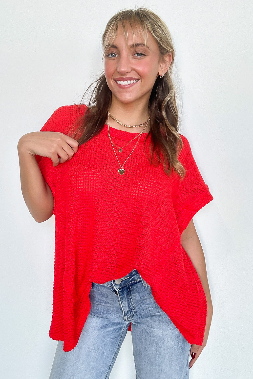 Red / SM Free Flow Raw Edge Knit Top - Madison and Mallory