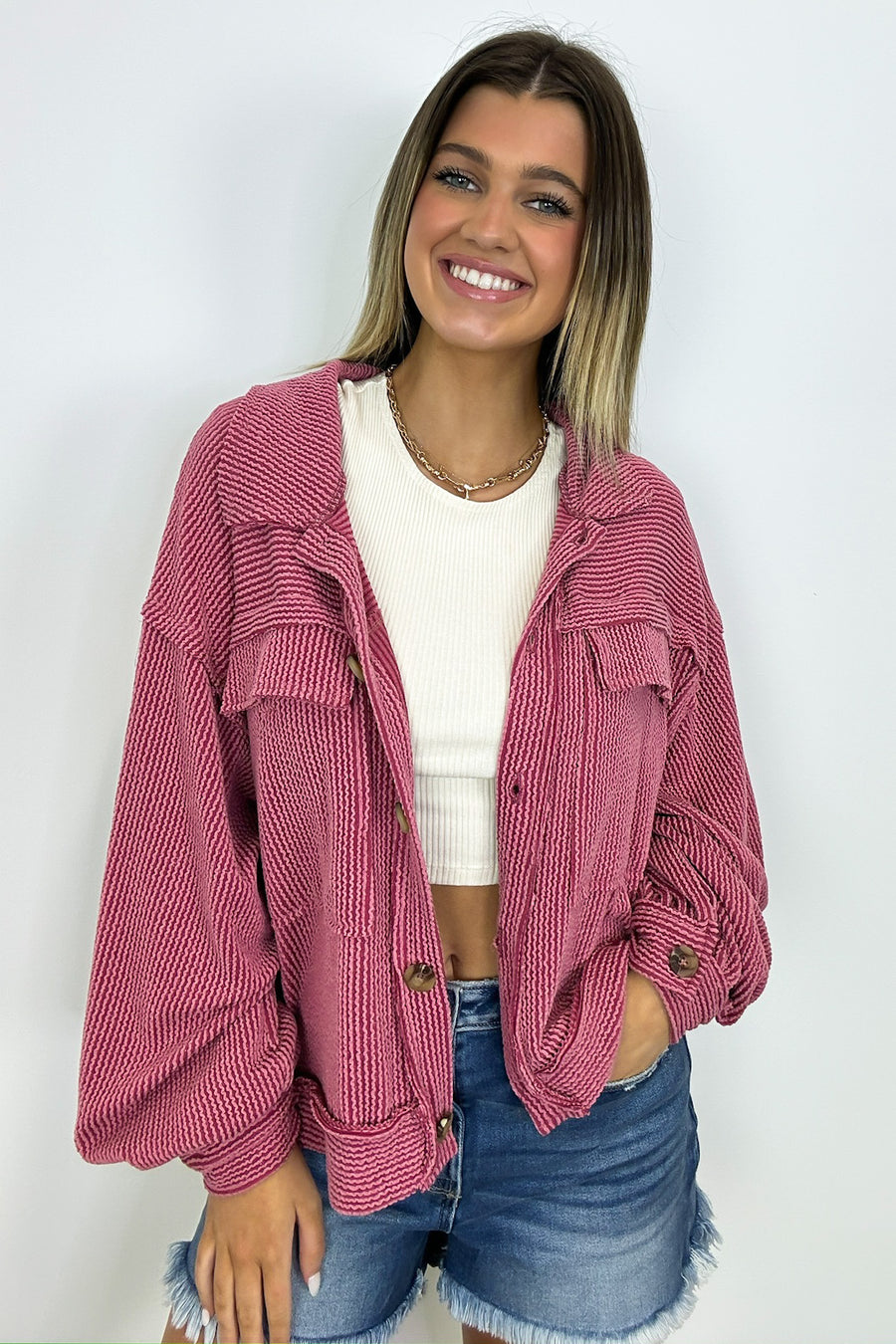 Dark Mauve / S Avenah Oversized Crop Button Shacket - FINAL SALE - Madison and Mallory
