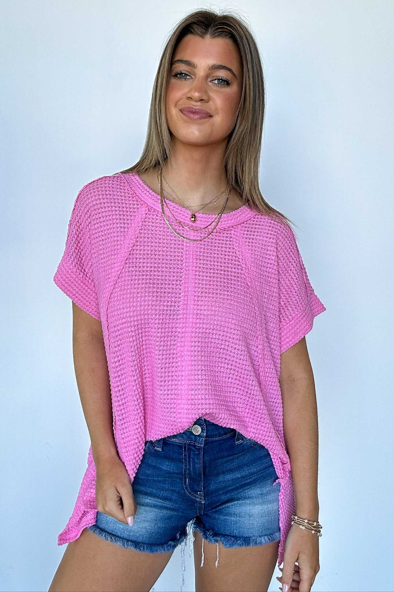 Pink / SM Adele Waffle Knit Exposed Seam Top - BACK IN STOCK - Madison and Mallory