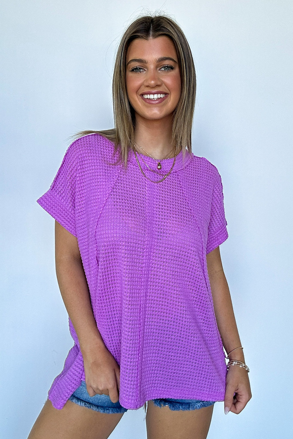 Lavender / SM Adele Waffle Knit Exposed Seam Top - Madison and Mallory