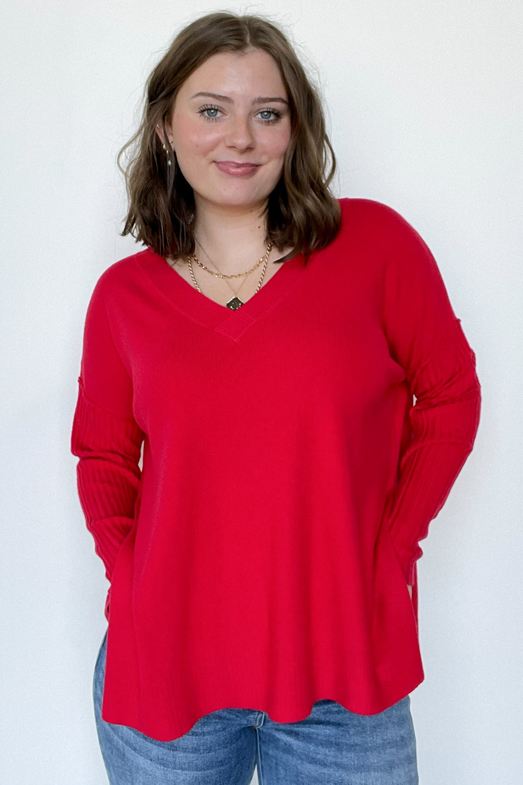 Ruby / SM Sophie V-Neck Ribbed Hem Sweater - FINAL SALE - Madison and Mallory