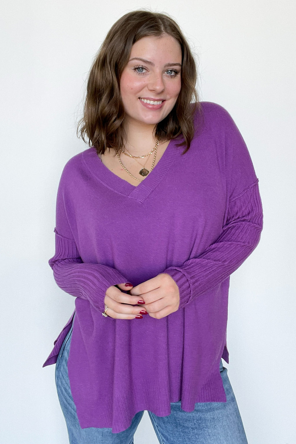Heather Violet / SM Sophie V-Neck Ribbed Hem Sweater - FINAL SALE - Madison and Mallory