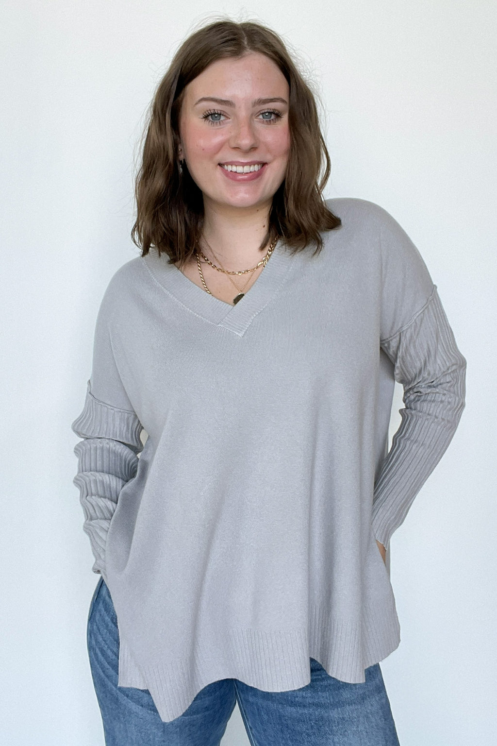 Light Gray / SM Sophie V-Neck Ribbed Hem Sweater - FINAL SALE - Madison and Mallory