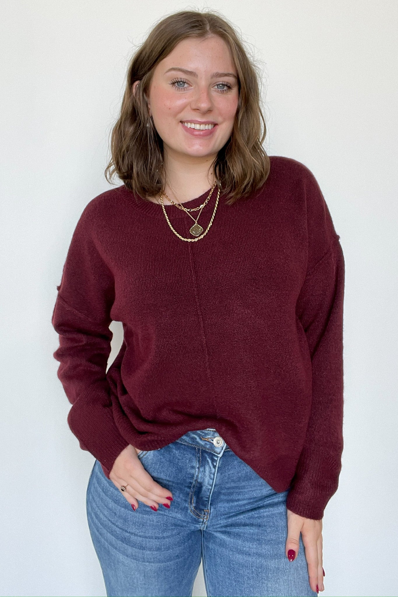 Oxblood / S Kyah Front Seam Crewneck Sweater - FINAL SALE - Madison and Mallory