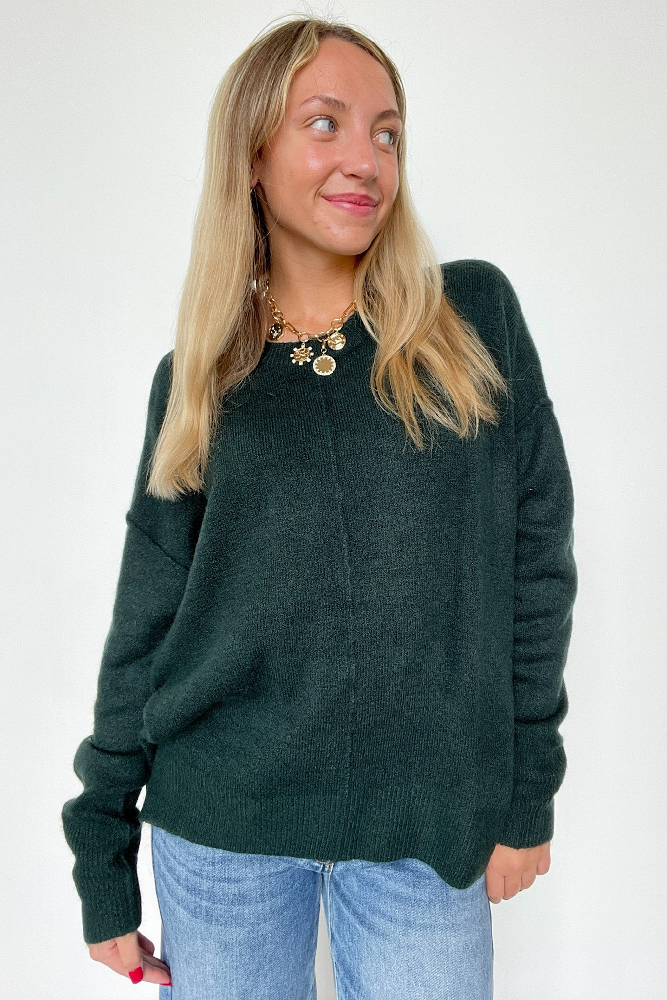 Hunter Green / S Kyah Front Seam Crewneck Sweater - FINAL SALE - Madison and Mallory