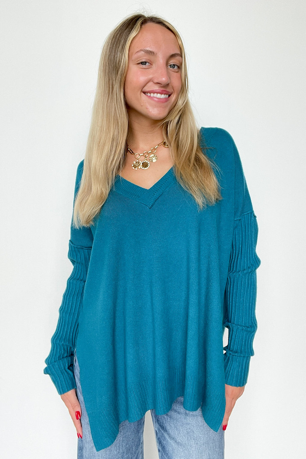 Heather Ocean Teal / SM Sophie V-Neck Ribbed Hem Sweater - FINAL SALE - Madison and Mallory
