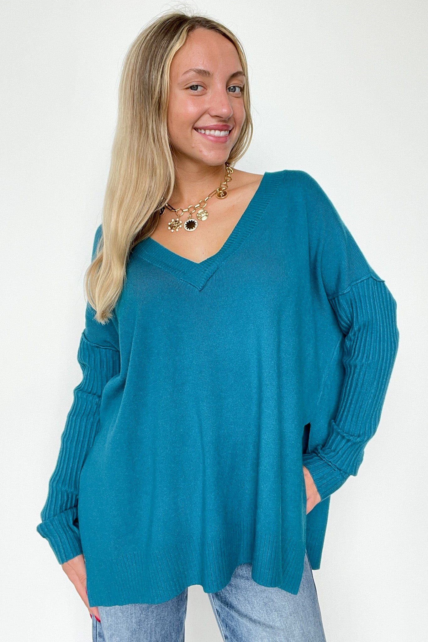  Sophie V-Neck Ribbed Hem Sweater - BACK IN STOCK - Madison and Mallory
