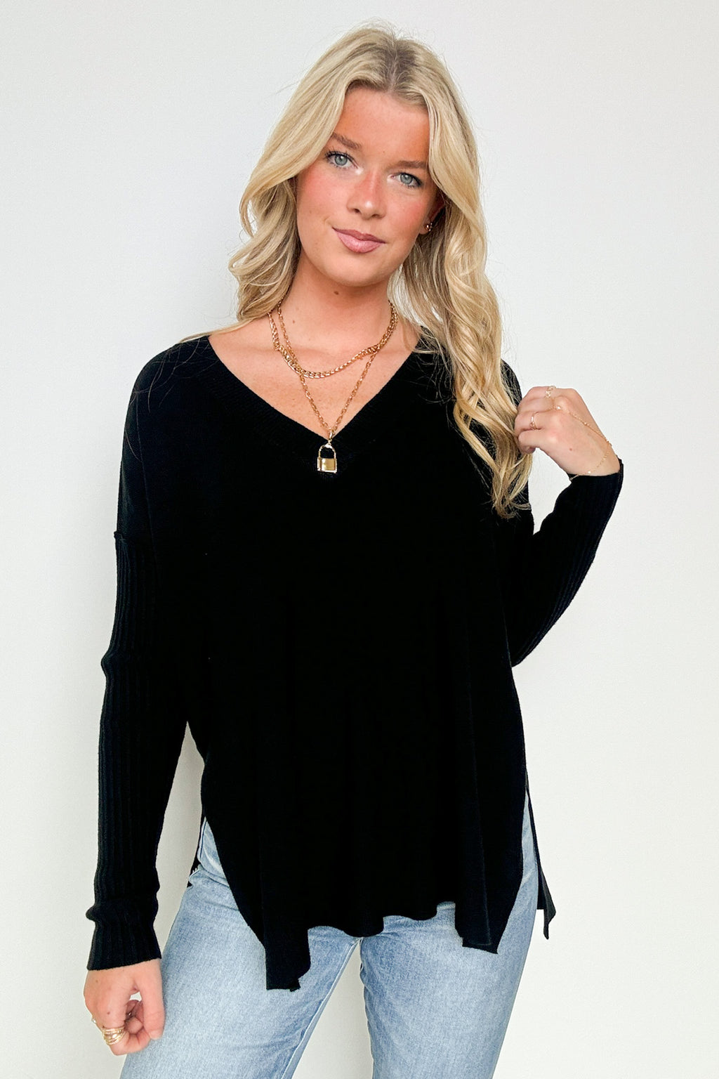 Black / SM Sophie V-Neck Ribbed Hem Sweater - FINAL SALE - Madison and Mallory