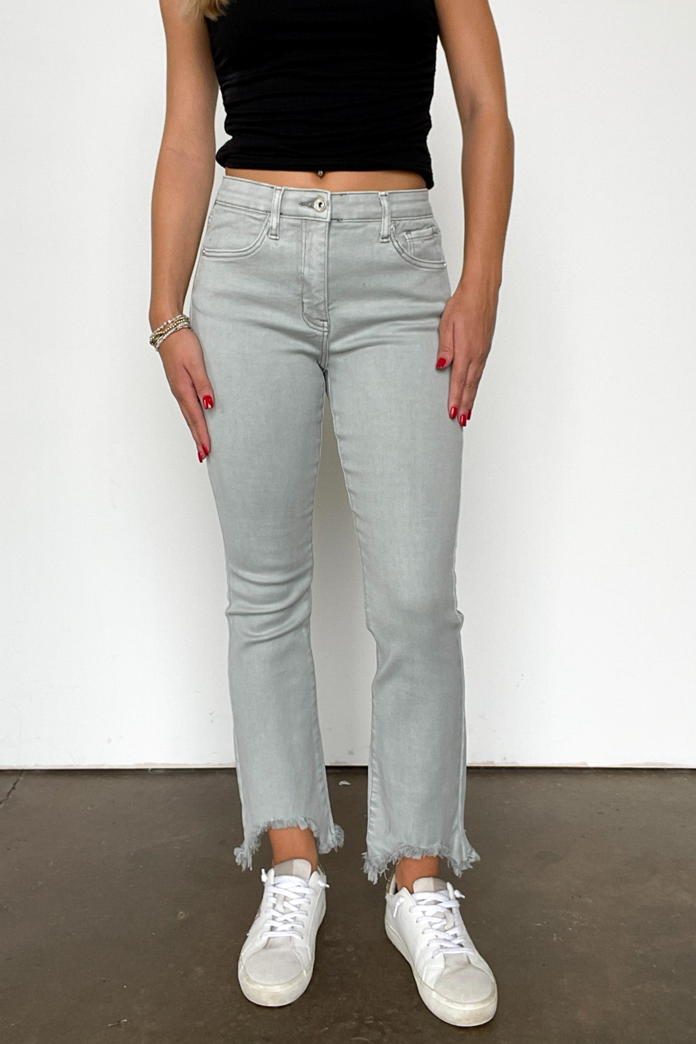 1/25 / Light Gray Kelsea Mid Rise Kick Flare Distressed Jeans - FINAL SALE - Madison and Mallory
