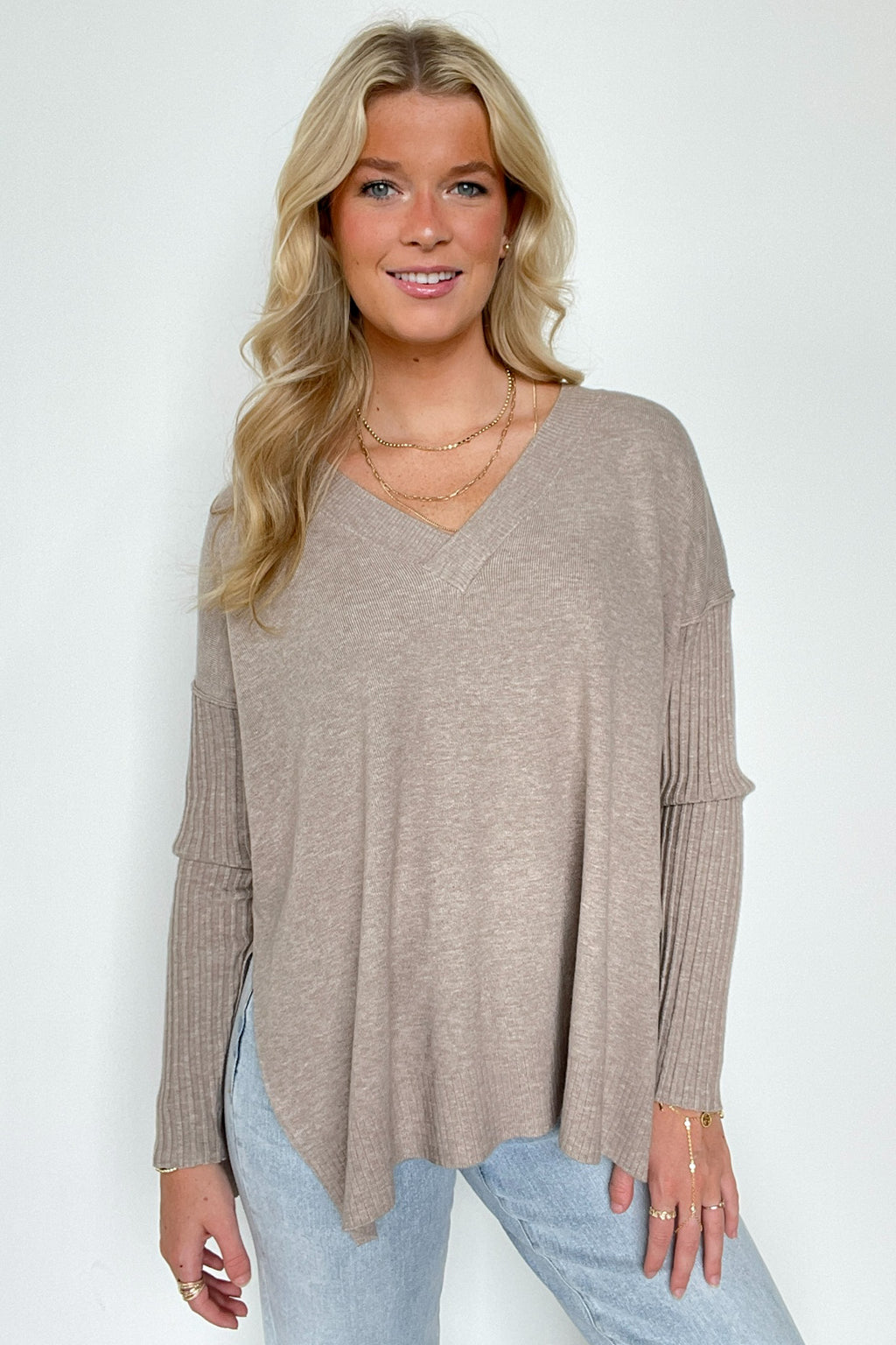 Heather Mocha / SM Sophie V-Neck Ribbed Hem Sweater - BACK IN STOCK - Madison and Mallory