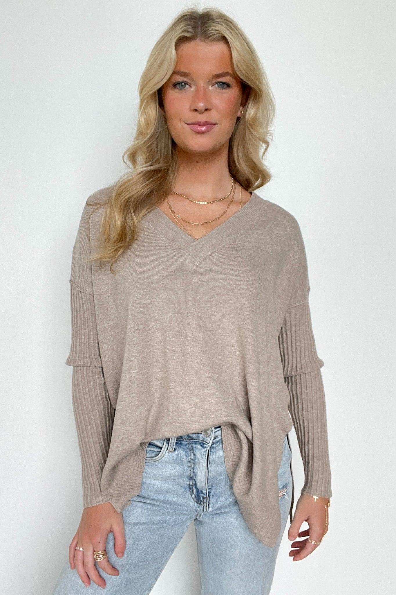 Sophie V-Neck Ribbed Hem Sweater - FINAL SALE - Madison and Mallory