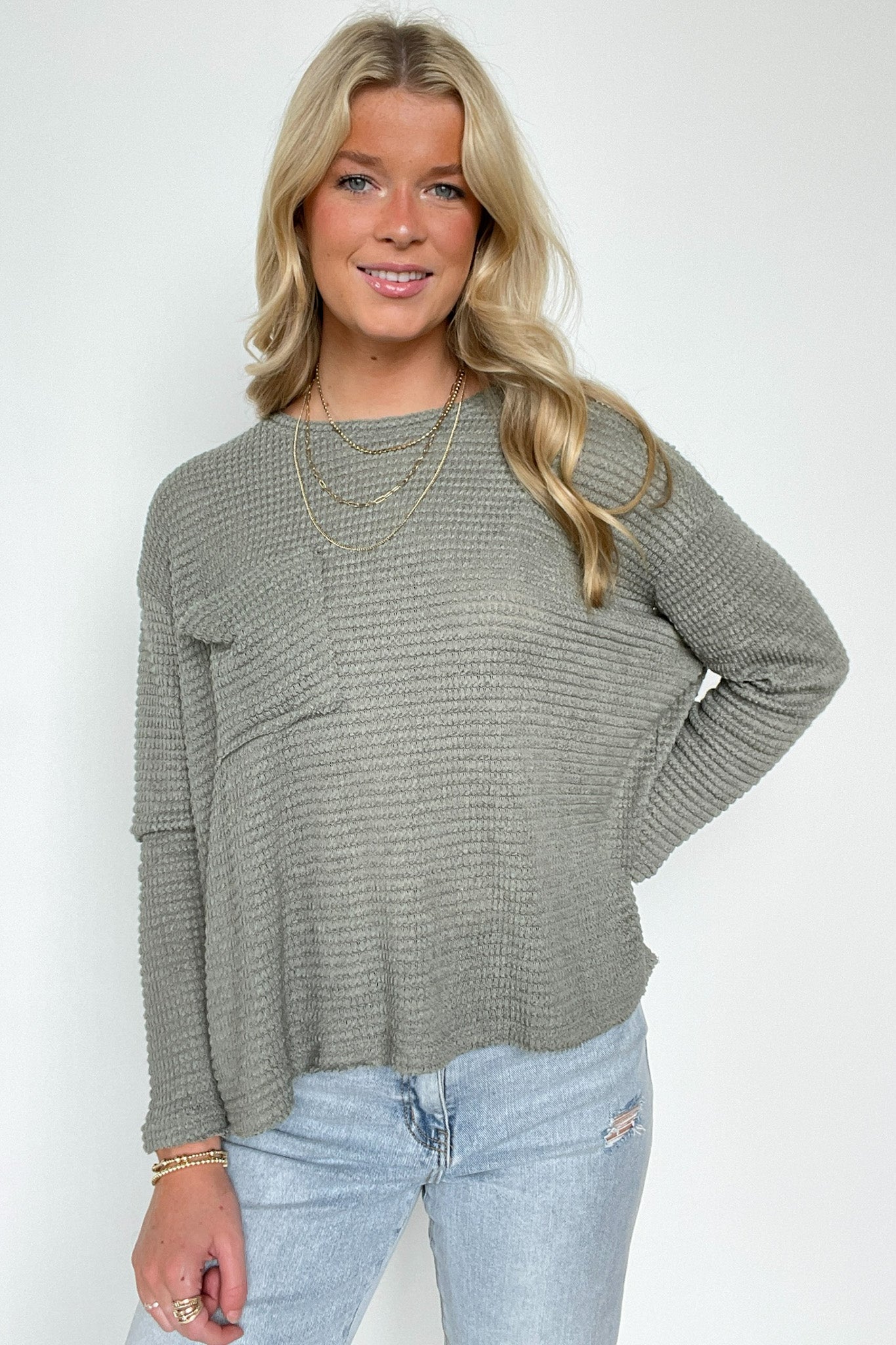 Lorenah Drop Shoulder Waffle Knit Pocket Top - FINAL SALE - Madison and Mallory