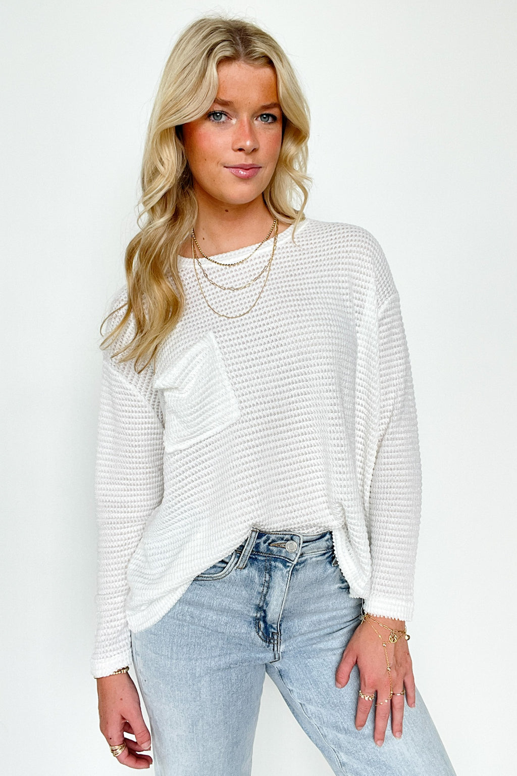 Off White / SM Lorenah Drop Shoulder Waffle Knit Pocket Top - FINAL SALE - Madison and Mallory
