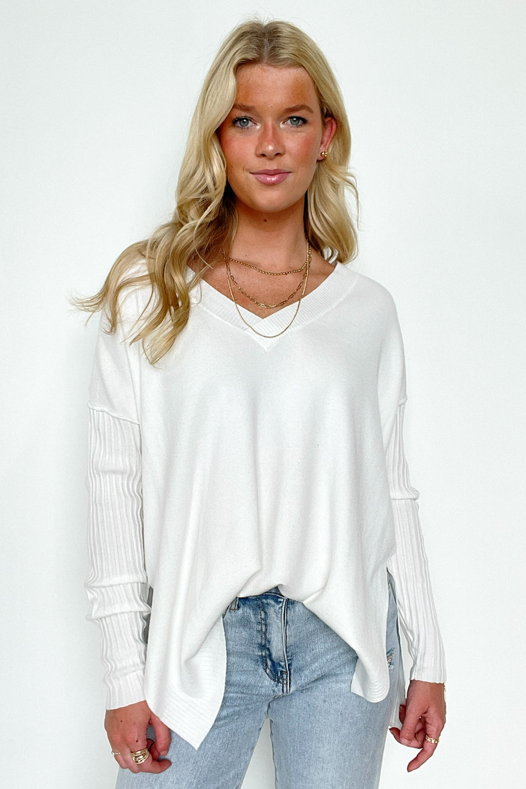 Ivory / SM Sophie V-Neck Ribbed Hem Sweater - BACK IN STOCK - Madison and Mallory