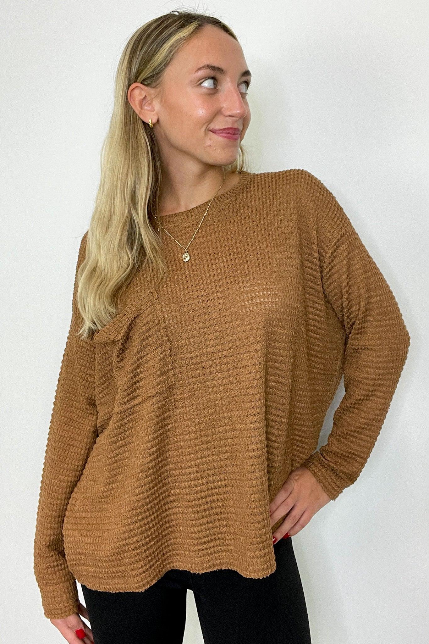 Lorenah Drop Shoulder Waffle Knit Pocket Top - FINAL SALE - Madison and Mallory