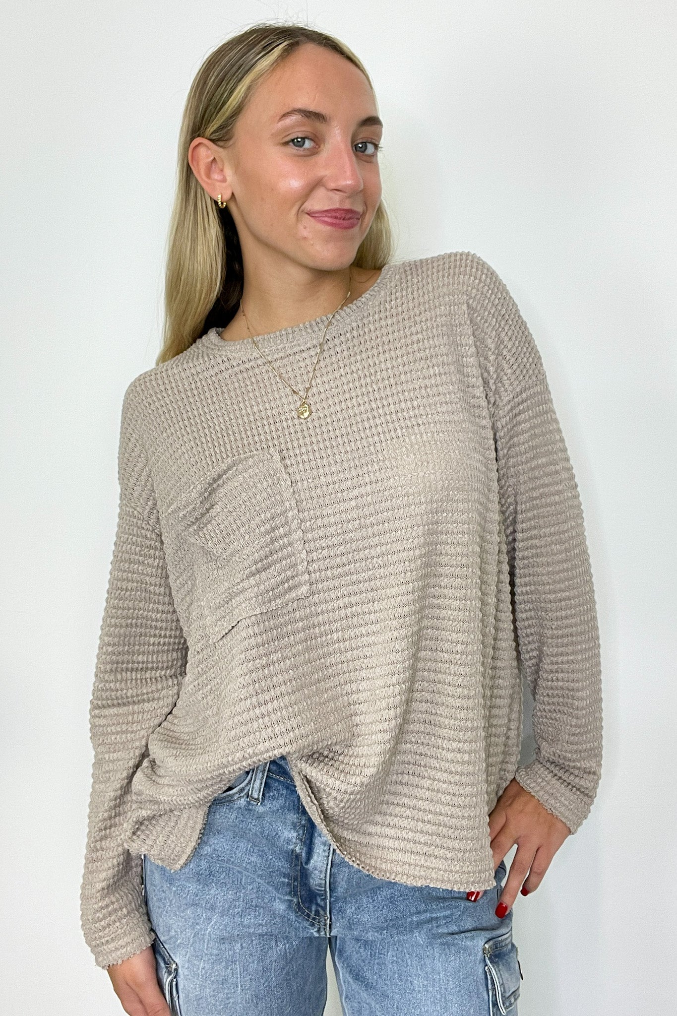 Lorenah Drop Shoulder Waffle Knit Pocket Top - FINAL SALE - Madison and Mallory