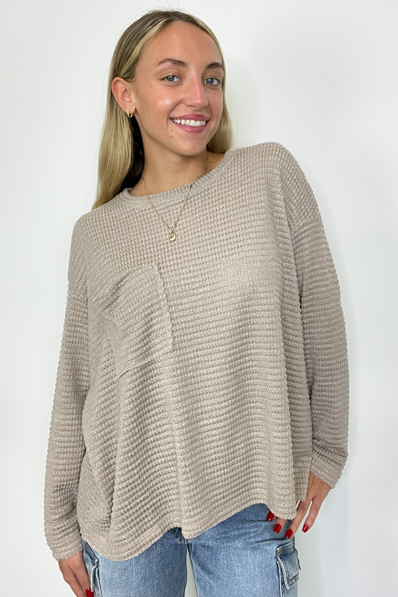 Lorenah Drop Shoulder Waffle Knit Pocket Top - FINAL SALE - Madison and Mallory