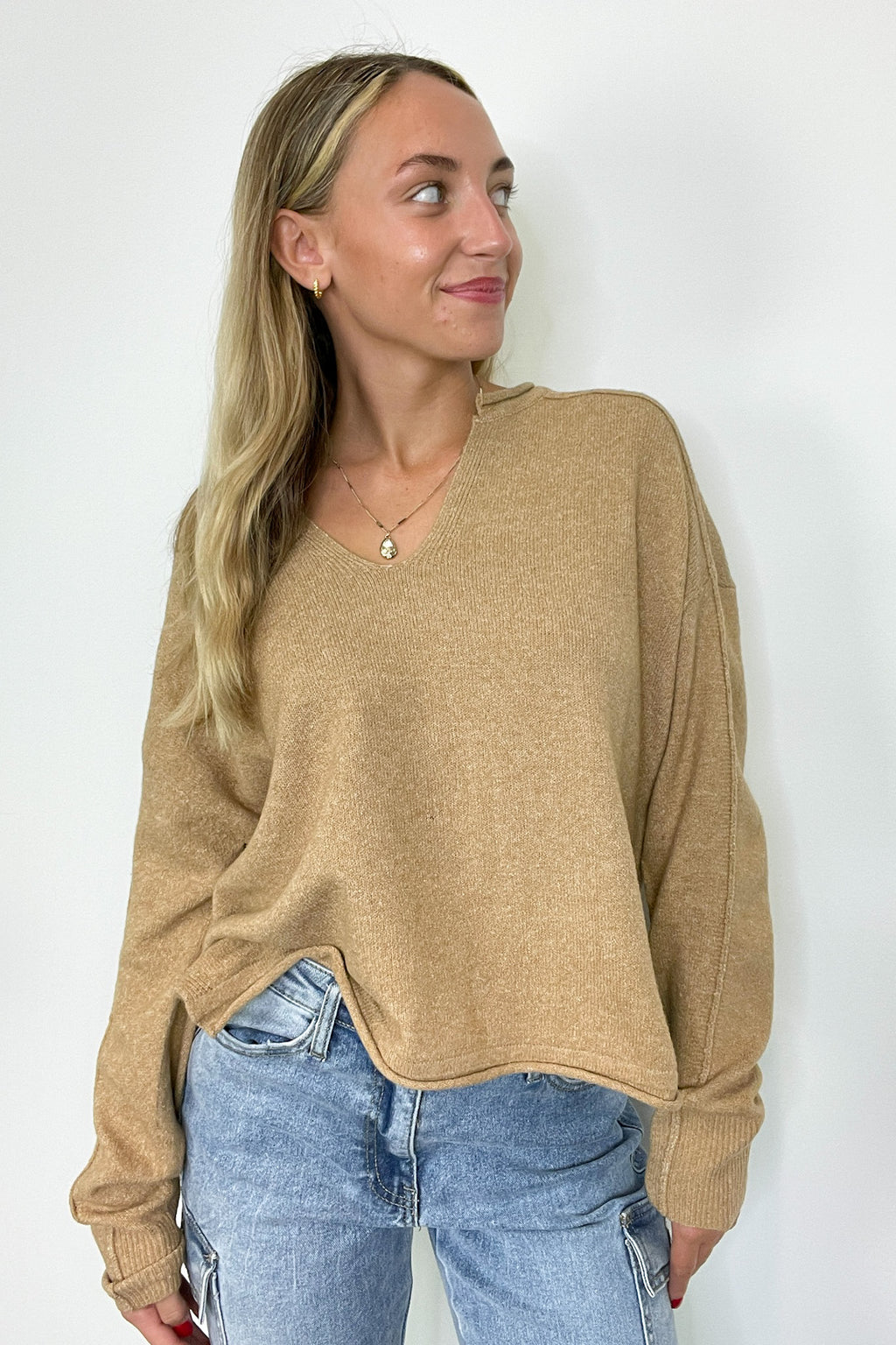 Almond / S Annalyn Exposed Seam V-Neck Sweater - FINAL SALE - Madison and Mallory