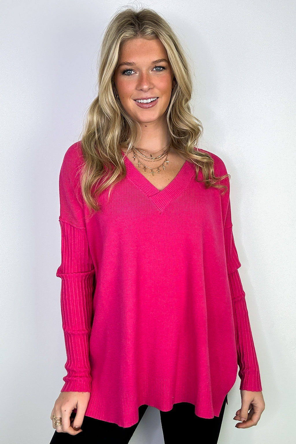 Heather Hot Pink / SM Sophie V-Neck Ribbed Hem Sweater - FINAL SALE - Madison and Mallory